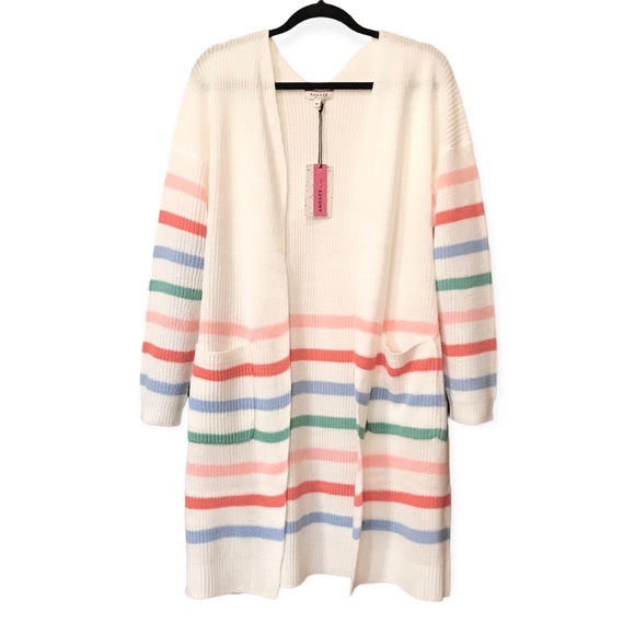 Andree by Unit-Long Open front Sweater-Cream w/colorful stripes-NWT-Sz-Med. - Picture 2 of 4